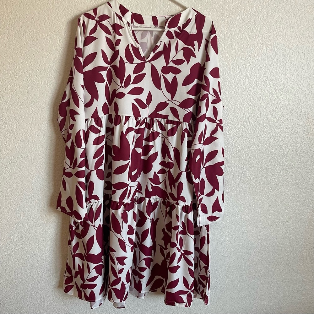 NWT Fall Long Sleeve Plant Print Dress in White and Burgundy Red Color. - Picture 4 of 13